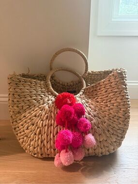 Woven Straw Tote with Pink & Red Pom Pom Accent